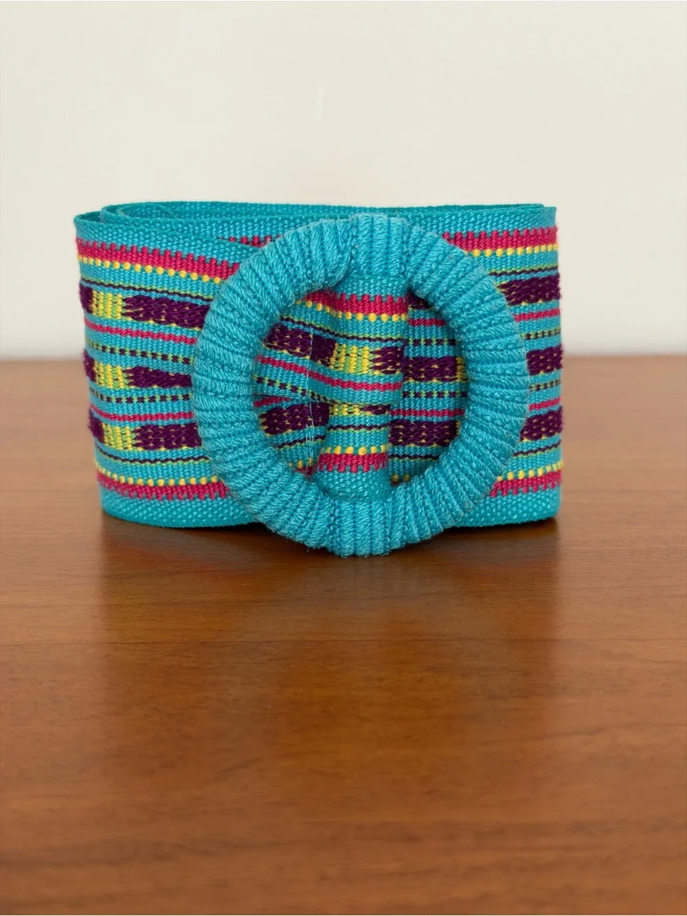 Boho Turquoise Multicolor Woven Wide Waist Belt with Covered Round Buckle ~ S